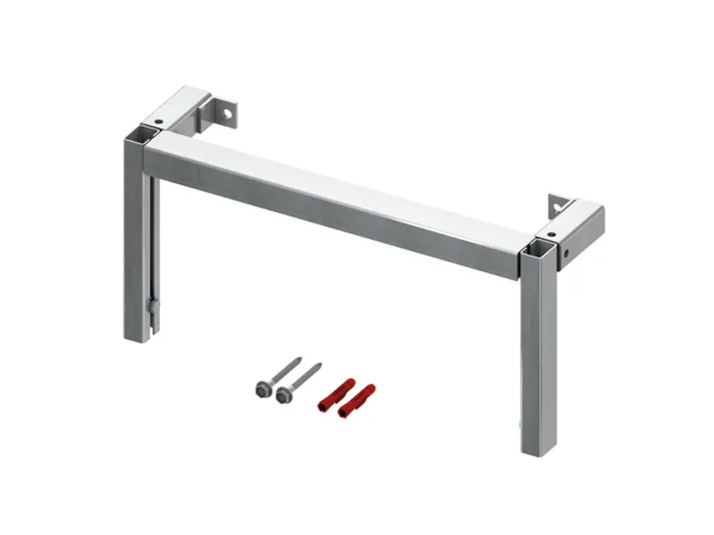 Höhenverstellbare Befestigung von TECE für die Einzelmontage, bestehend aus einem langen Metallbalken mit zwei vertikalen Stützen und Montageschrauben.